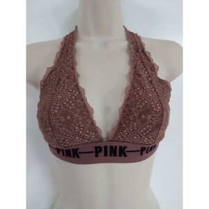 Victorias Secret Crochet Lace Halter Bralette Pink Spellout‎ Y2K Boho Festival S